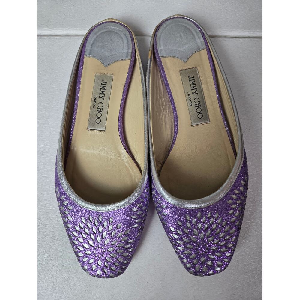 Jimmy Choo Slip On Backless Flats Silver Sparkle Designer 37 1/2 Floral Metalic - Picture 2 of 13